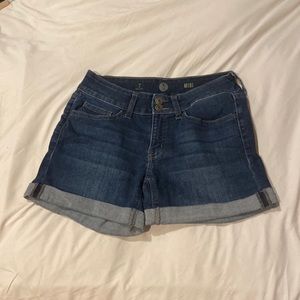 mid rise dark wash jean shorts